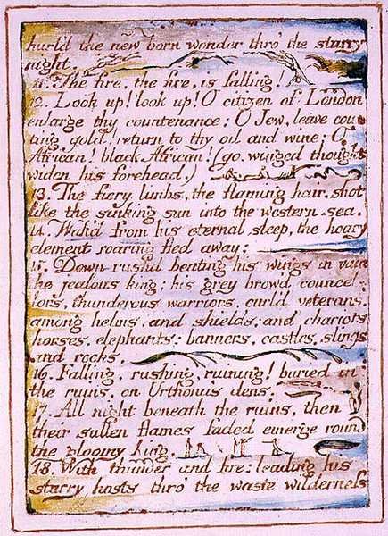 "Hurled the vastasyntyneen ihmeen läpi" tähtikirkas yö", teksti "Taivaan ja helvetin avioliitto", n. 1790-3 (reliefi etsaus viimeistelty kynällä ja akvarellilla) tekijältä William Blake