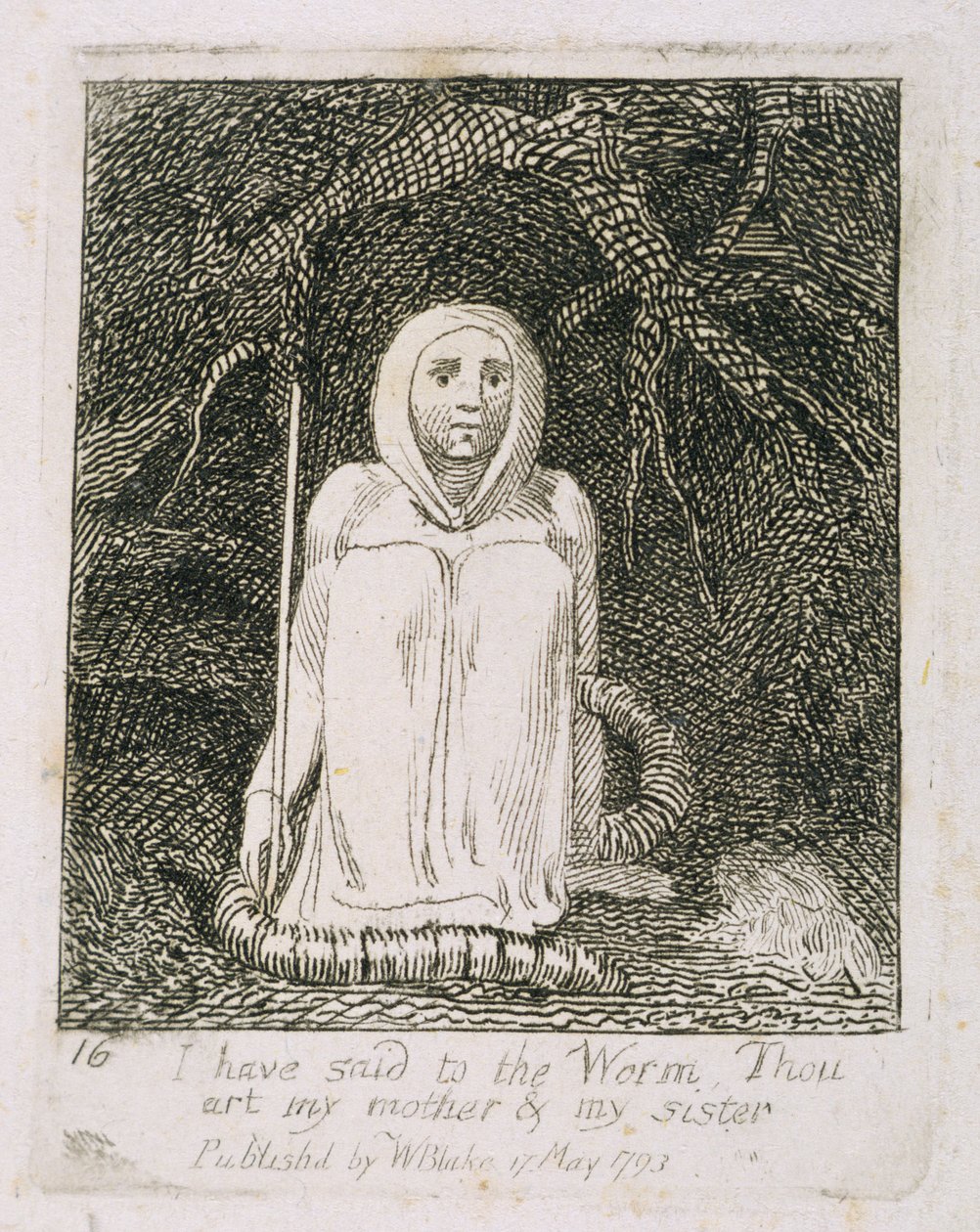 Olen sanonut matolle, että olet äitini ja sisareni, levy 17 kohdasta Lapsille. Paratiisin portit, 1793 tekijältä William Blake