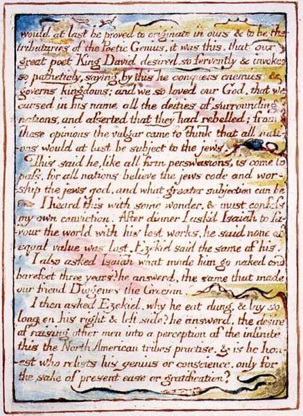 "Olisin vihdoinkin peräisin...", teksti ja kuvitus "Taivaan häistä", n. 1790-1793 (kynällä ja akvarellilla viimeistelty kohokuvio) tekijältä William Blake