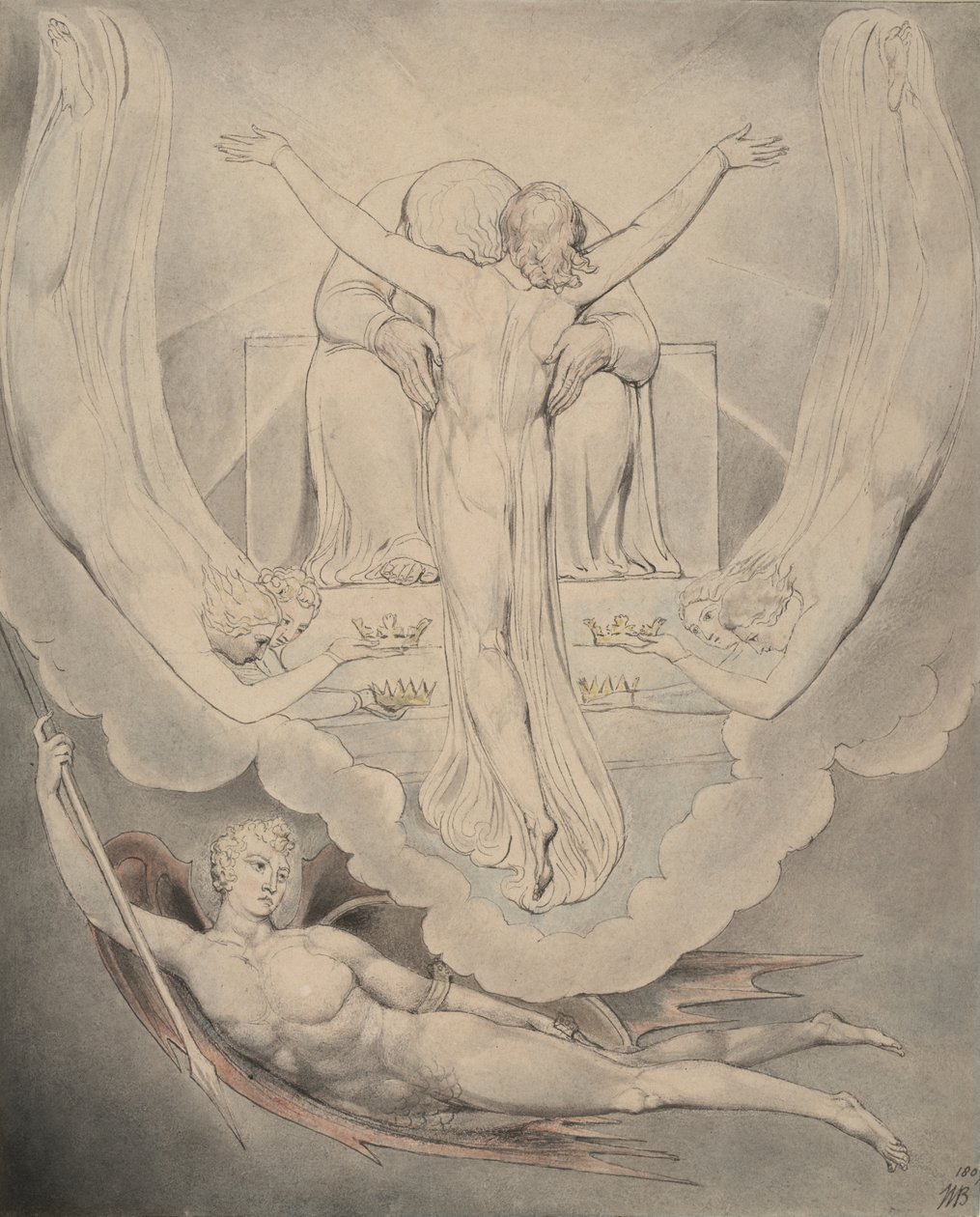 Kuva 3 Miltonin kirjaan "Kadonnut paratiisi": Kristus tarjoaa ihmisen lunastamiseksi, 1807 tekijältä William Blake