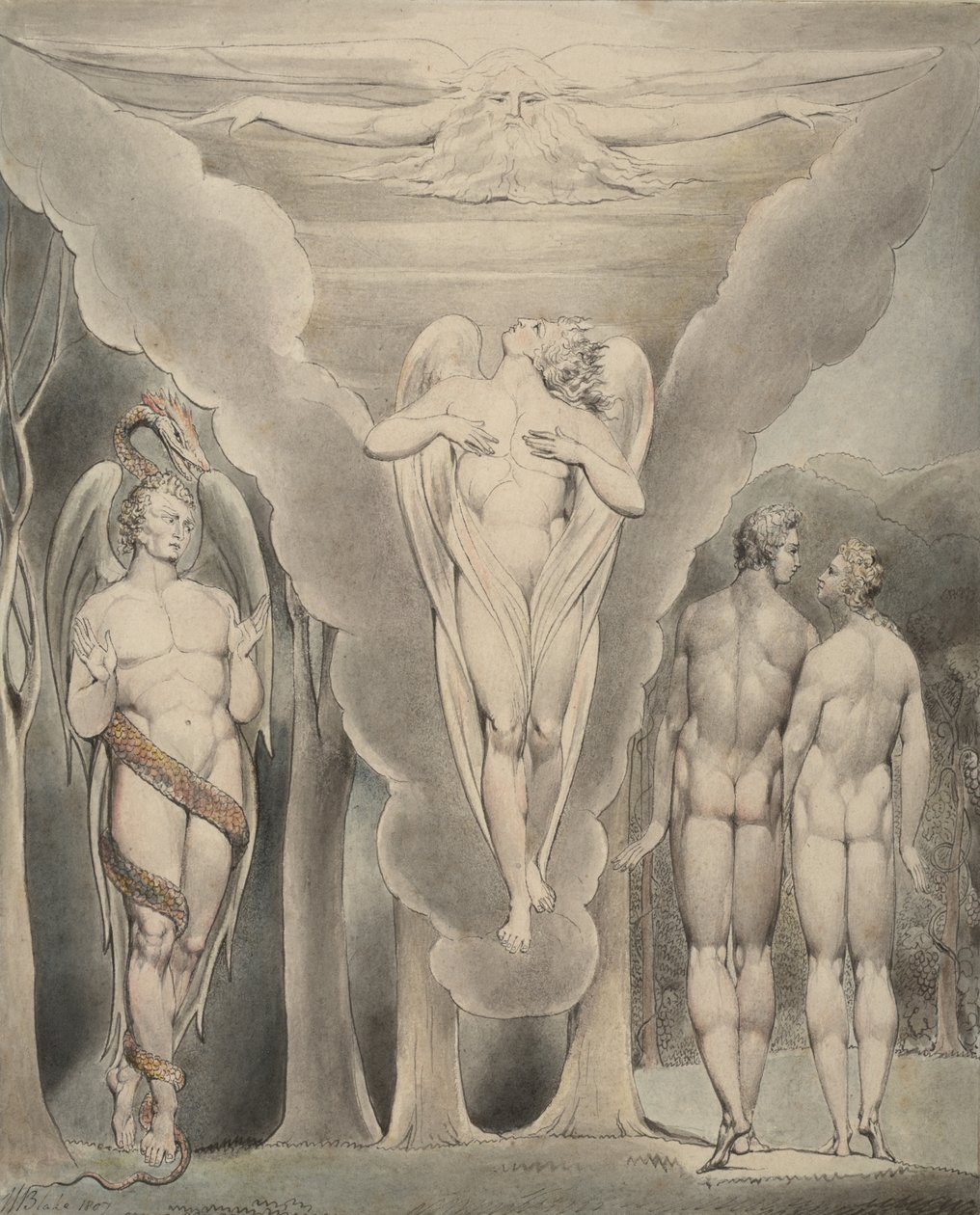 Kuva 4 Miltonin kirjaan "Kadonnut paratiisi": Saatana vakoilee Aadamia ja Eevaa ja Rafaelin laskeutuminen paratiisiin, 1807 tekijältä William Blake
