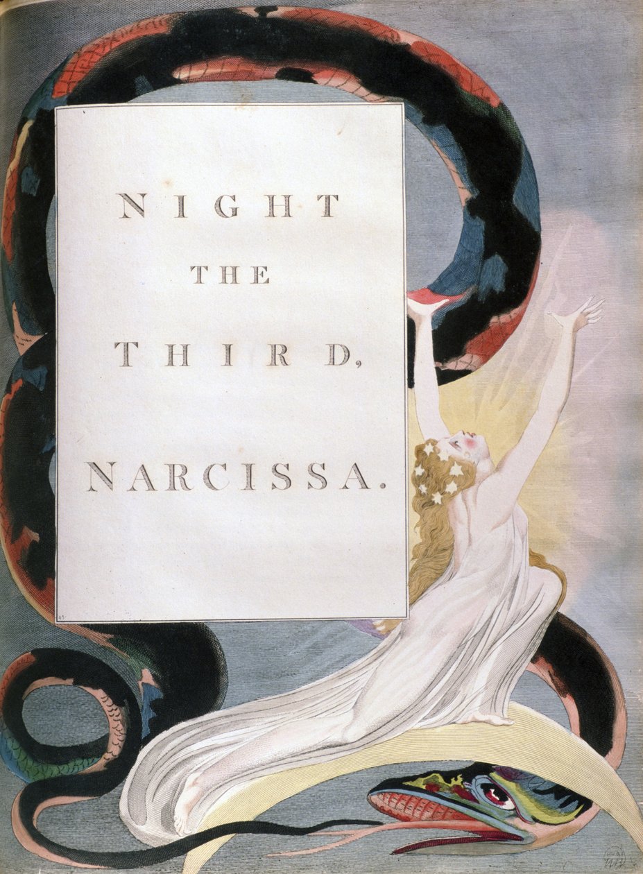 William Blaken (1757-1827) englantilaisen runoilijan, taidemaalarin ja graafikon kuvitus Edward Youngin (1681-1765) runoon Night Thoughts, joka julkaistiin 1742-1745. Kolmas yö, Narcissa. Omistettu Margaret Bentinckille. tekijältä William Blake
