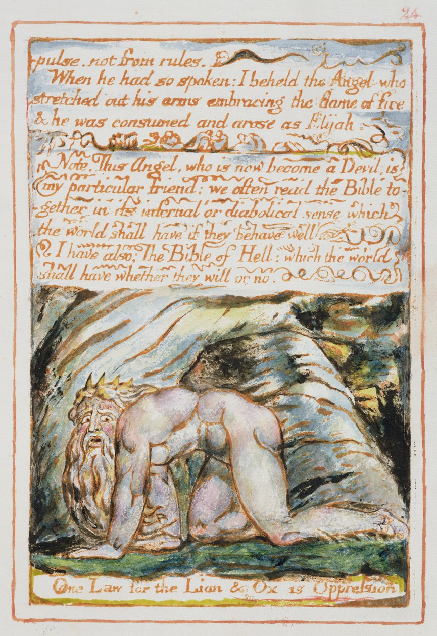 Impulssi, ei säännöistä..., kuvitus ja teksti "Taivaan ja helvetin avioliitosta", n. 1790-3 (reliefietsaus viimeistelty kynään ja wc:hen) tekijältä William Blake