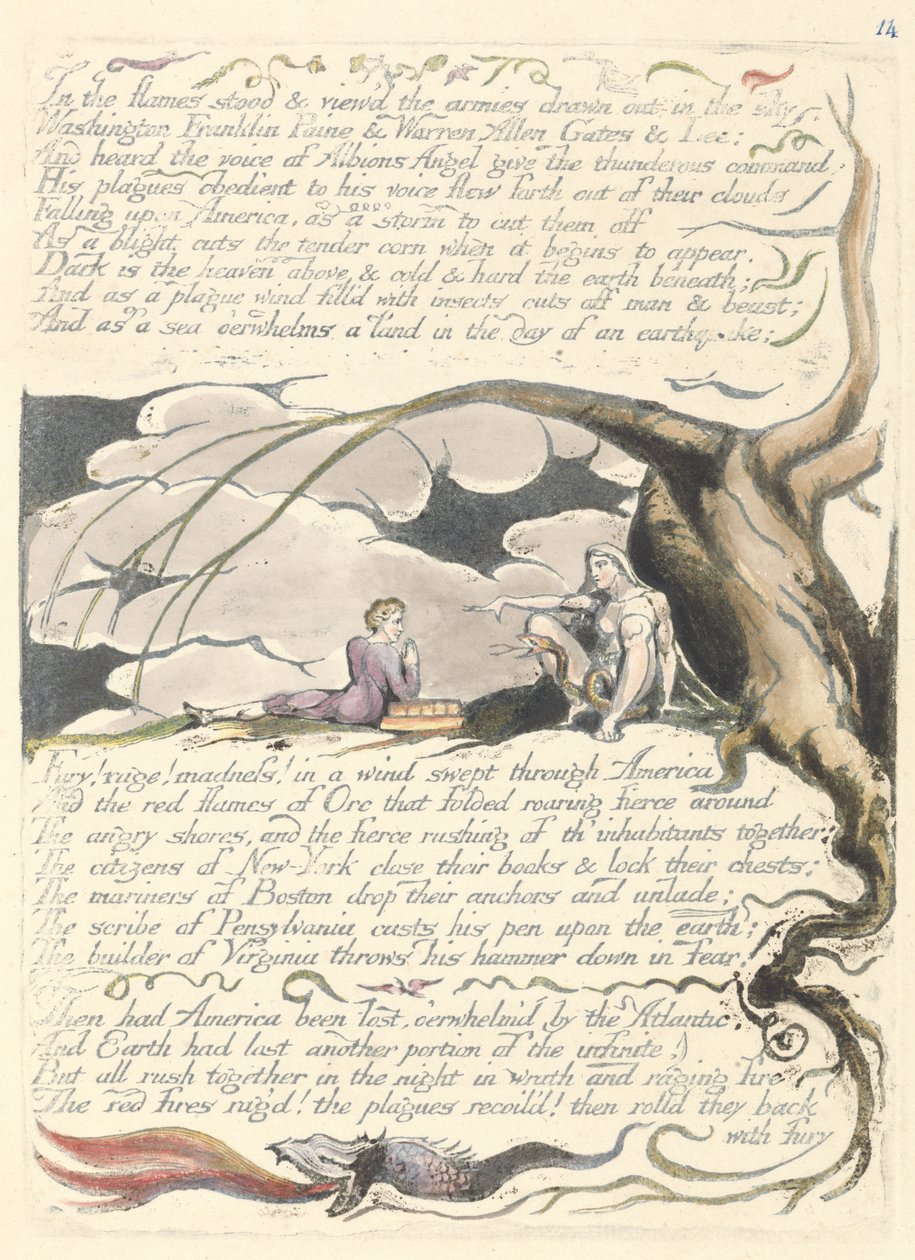 "Liekissä seisoi...", levy 16 julkaisusta "America: A Prophecy" tekijältä William Blake