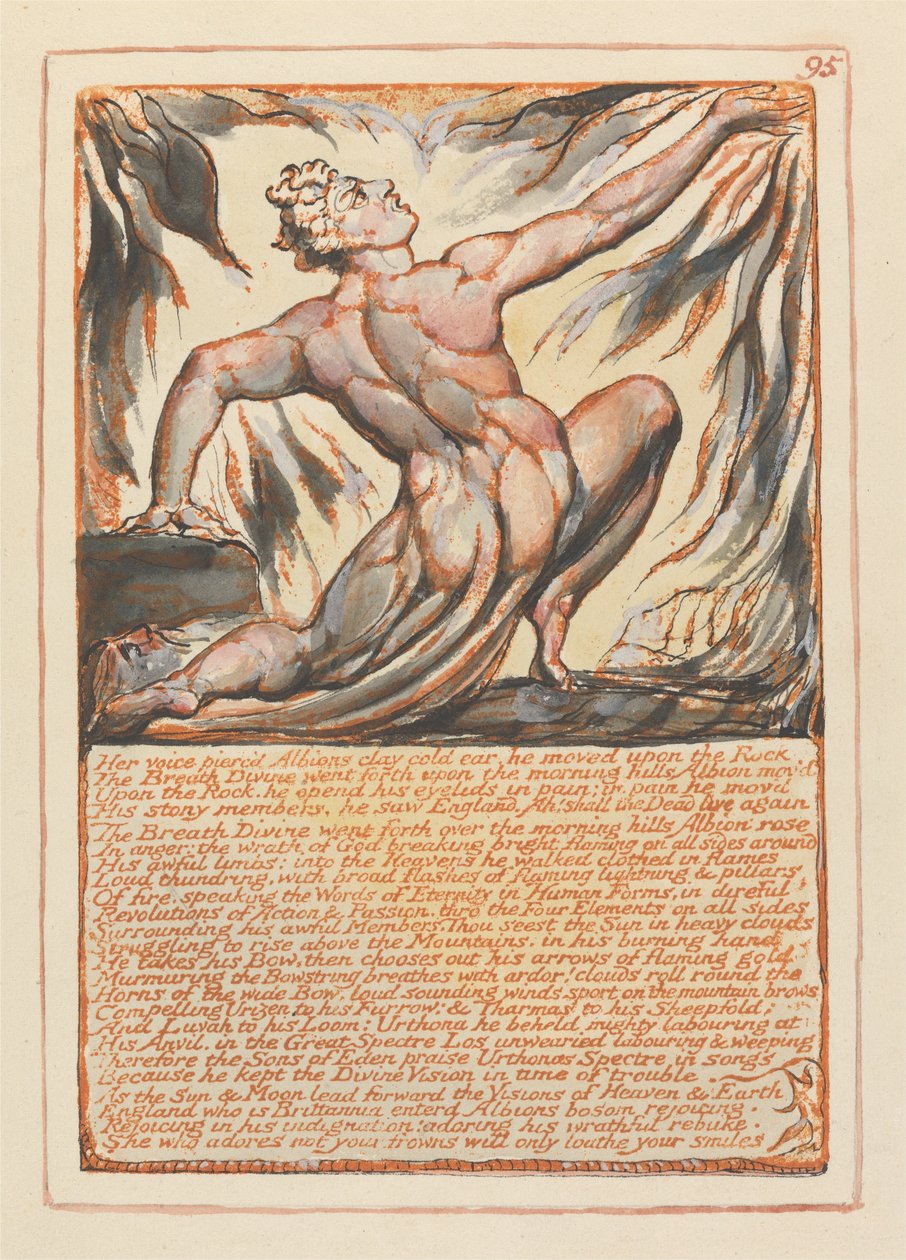 Jerusalem, levy 95, Hänen äänensä lävisti Albionin saven kylmän korvan..... tekijältä William Blake