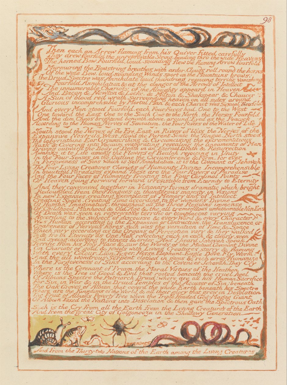 Jerusalem, Plate 98, Sitten jokainen nuoli liekissä.... tekijältä William Blake
