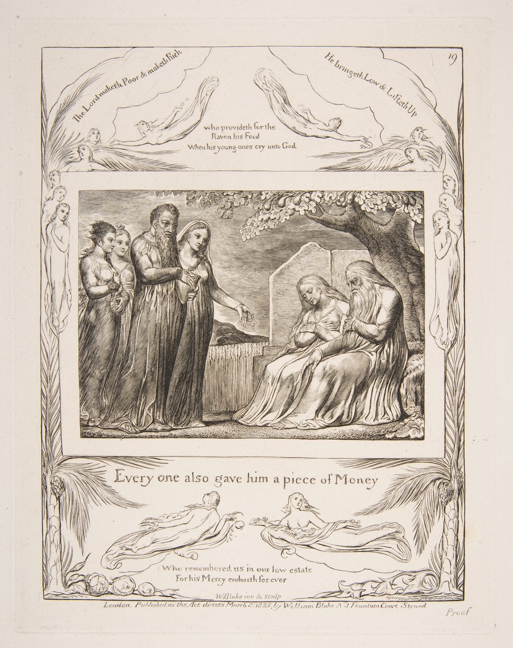 Job vastaanottaa hyväntekeväisyyttä, kuvituksista Jobin kirjasta, 1825-26. tekijältä William Blake