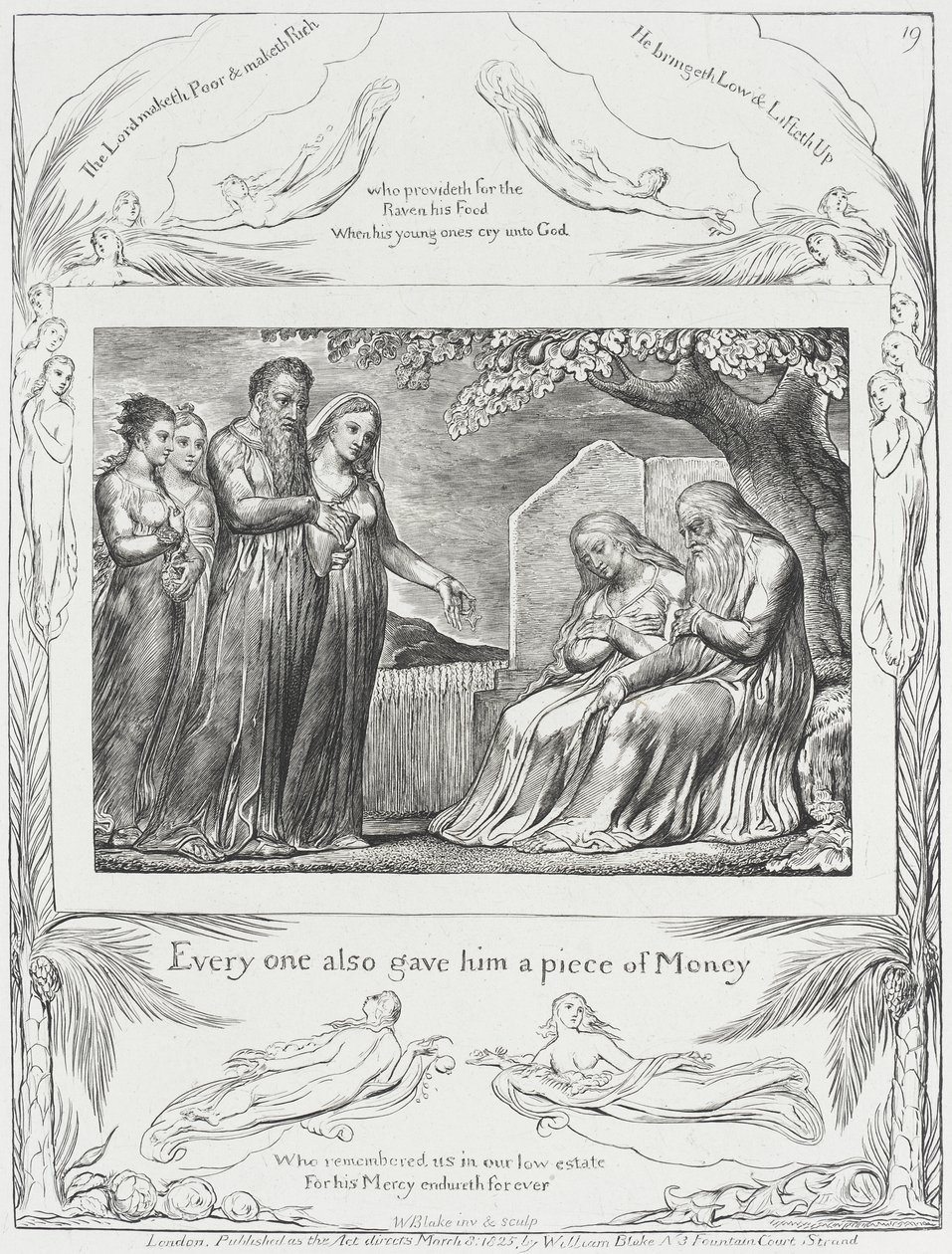 Job ja hänen vaimonsa vastaanottavat almuja tekijältä William Blake