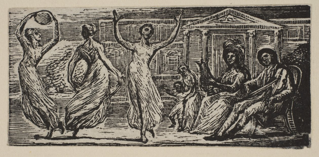 Menalcus Watching Women Dance, teoksesta Thorntons Pastorals of Vergil, 1821. tekijältä William Blake