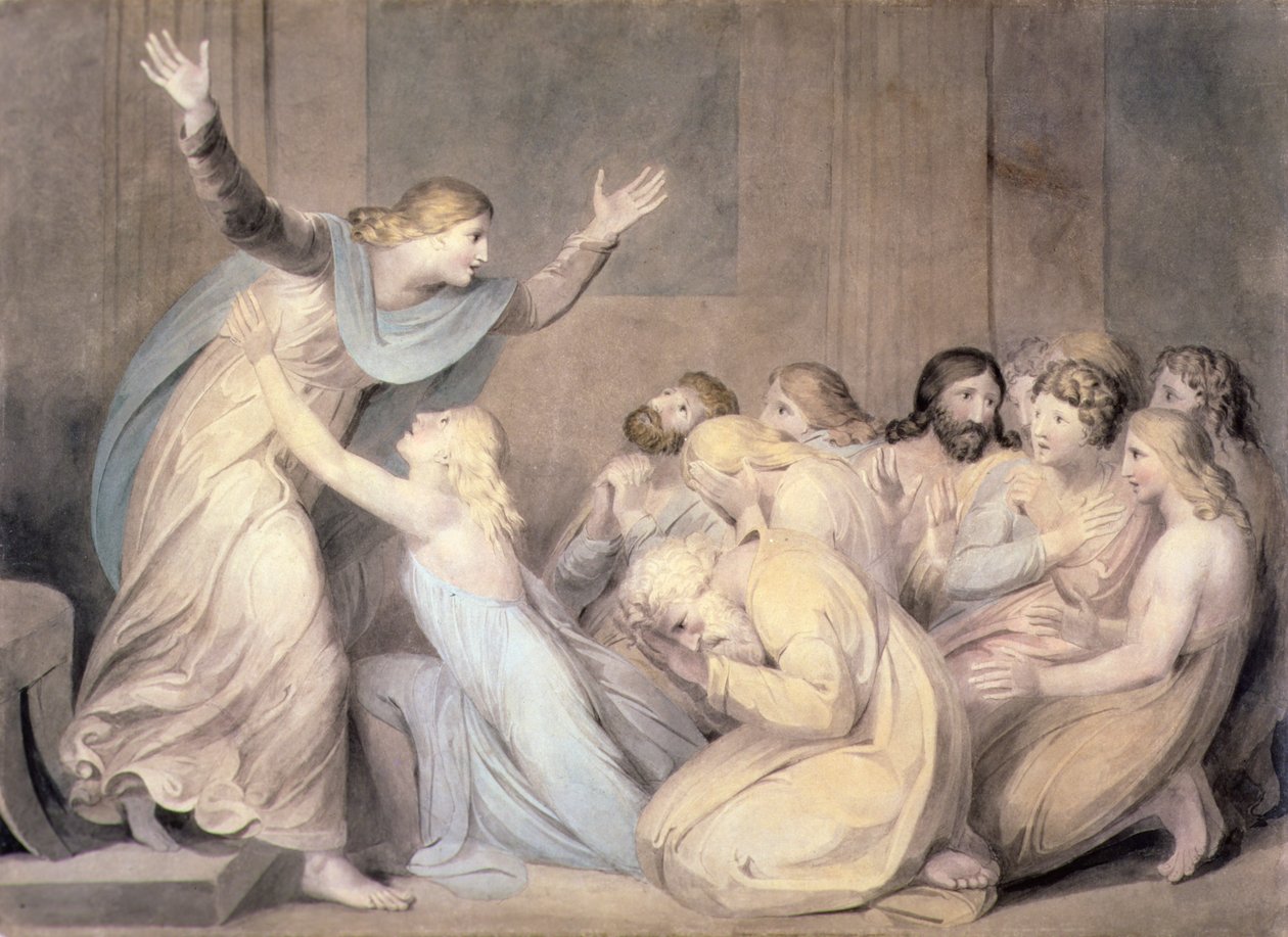 Nro 0456c Joseph tekee itsensä tunnetuksi veljilleen, Joosefin tarinan levy 3, n. 1785 (kynä, akvarelli, kynä ja muste paperille) tekijältä William Blake
