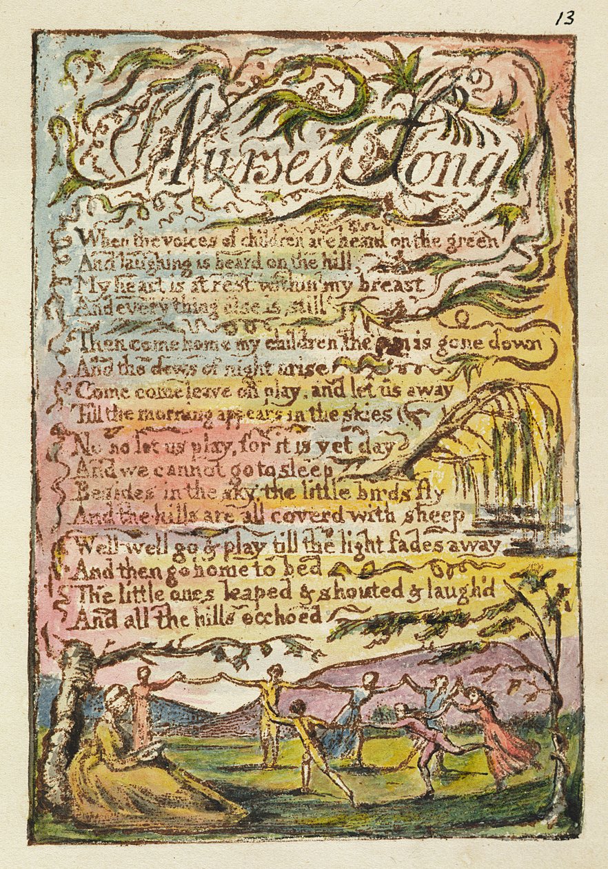 Sairaanhoitajan laulu, kuvitus julkaisusta Songs of Innocence and of Experience, (Bentley Copy L) pl.13 (Bentley 24) 1789-94 (reliefisyövytys kynällä ja wc:llä paperille) tekijältä William Blake