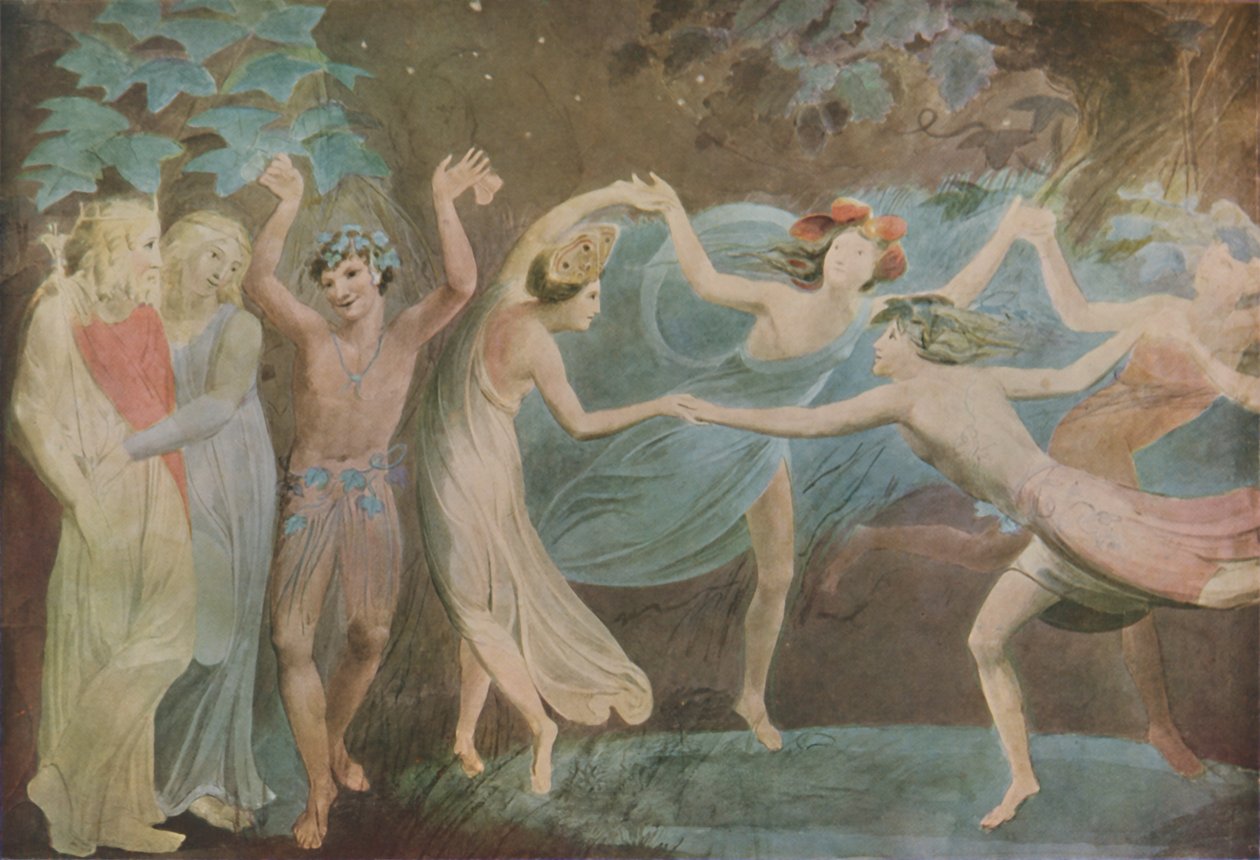 Oberon, Titania ja Puck keijujen kanssa tanssimassa, 1786 tekijältä William Blake