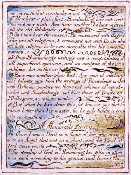"Yksi maan päällä, joka koskaan rikkoi verkon...", teksti "Taivaan ja helvetin avioliitosta", n. 1790-3 (reliefietsaus viimeistelty kynällä ja akvarellilla) tekijältä William Blake
