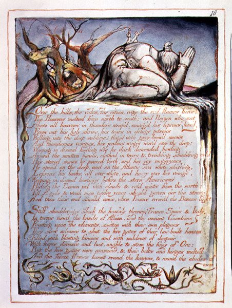 "Over the Hills", levy 16 teoksesta "Amerikka, profetia". tekijältä William Blake