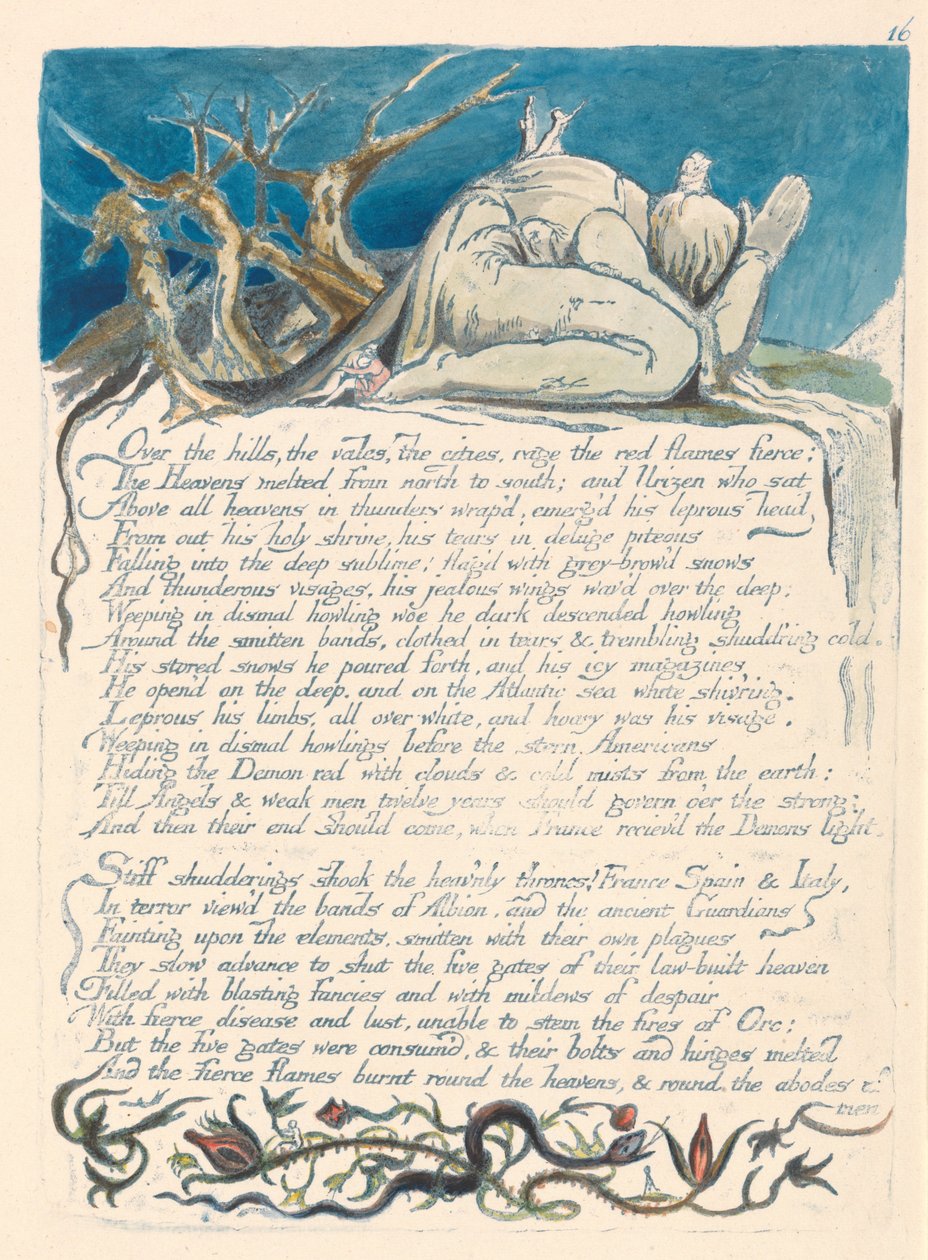 "Über die Hügel, die Täler, die Städte wüten die roten Flammen heftig..." (Platte 18) tekijältä William Blake