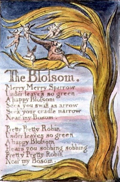 P.124-1950.pt10 The Blossom: levy 10 kappaleesta Songs of Innocence and of Experience (kopio R) n. 1802-08 (etsaus, tussi ja akvarelli) tekijältä William Blake