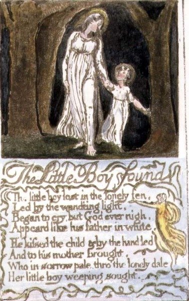 P.124-1950.pt13 Pieni poika löydetty: levy 13 kappaleesta Songs of Innocence and of Experience (kopio R) n. 1802-08 (etsaus, tussi ja akvarelli) tekijältä William Blake