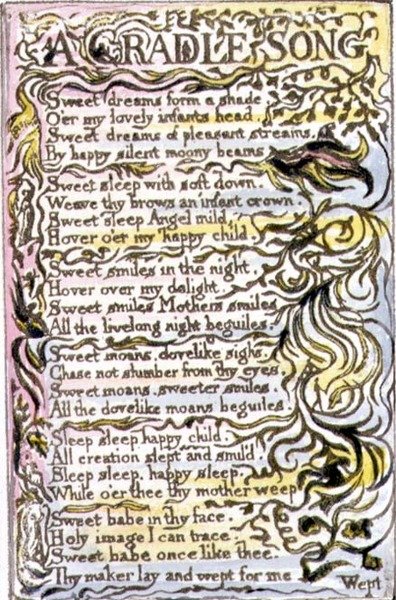 P.124-1950.pt15 A Cradle Song: levy 15 kappaleesta Songs of Innocence and of Experience (kopio R) n. 1802-08 (etsaus, tussi ja akvarelli) tekijältä William Blake