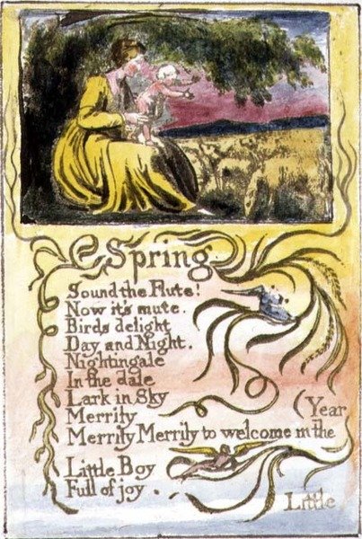 P.124-1950.pt22 Kevät: levy 22 kappaleesta Songs of Innocence and of Experience (kopio R) n. 1802-08 (etsaus, tussi ja akvarelli) tekijältä William Blake