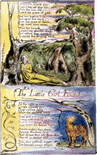 P.124-1950.pt36 Pieni tyttö löydetty: levy 36 julkaisusta Songs of Innocence and of Experience (kopio R) n. 1802-08 (etsaus, tussi ja akvarelli) tekijältä William Blake