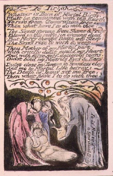 P124-1950.pt51 Tirzahiin: levy 51 julkaisusta Songs of Innocence and of Experience (kopio R) n. 1802-08 (etsaus, tussi ja akvarelli) tekijältä William Blake