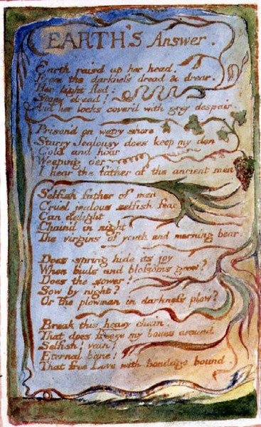 P.125-1950.pt31 Maan vastaus: levy 31 teoksesta Songs of Innocence and of Experience (kopio AA) n. 1815-26 (etsaus, tussi ja akvarelli) tekijältä William Blake