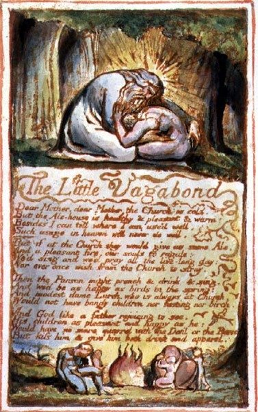 P.125-1950.pt45 Pikku Vagabond: levy 45 kappaleesta Songs of Innocence and of Experience (kopio AA) n. 1815-26 (etsaus, tussi ja akvarelli) tekijältä William Blake