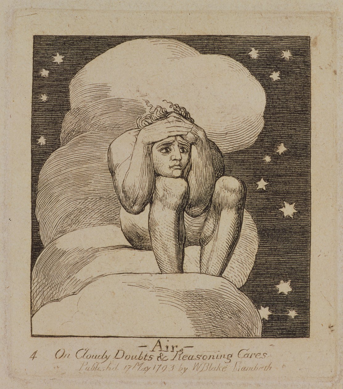 P.440-1985 Air, On Cloudy Doubts and Reasoning Cares, levy 4 "The Gates of Paradise", ensimmäinen pubi. 17. toukokuuta 1793, 1818-25 (viivakaiverrus) tekijältä William Blake