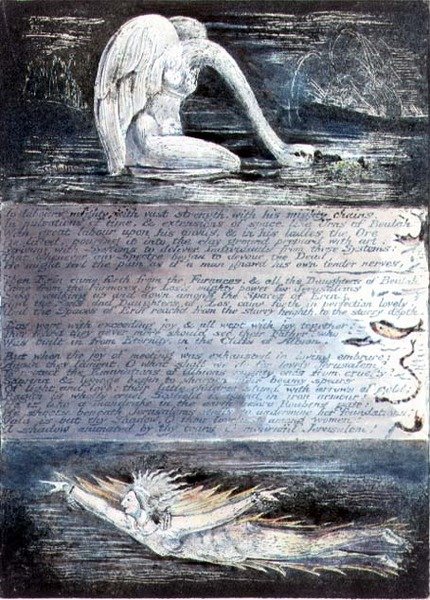 Lautanen II, Jerusalem, noin 1804-20. Albionin tyttäriä esittävät joutsenen ja kalan kaltaiset olennot. tekijältä William Blake