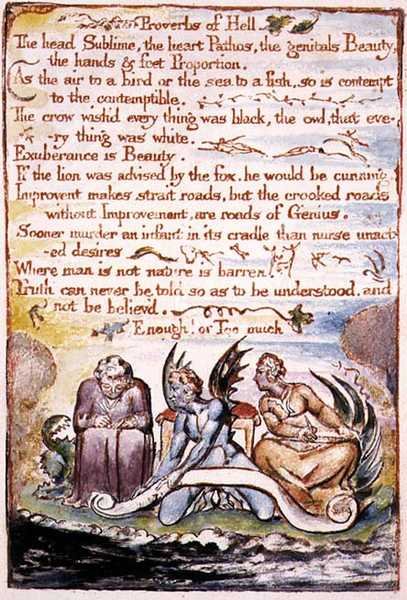 Helvetin sananlaskuja, kuvitus ja teksti teoksesta "Taivaan ja helvetin avioliitto", n. 1790-3 (reliefetsaus viimeistelty kynällä ja akvarellilla) tekijältä William Blake