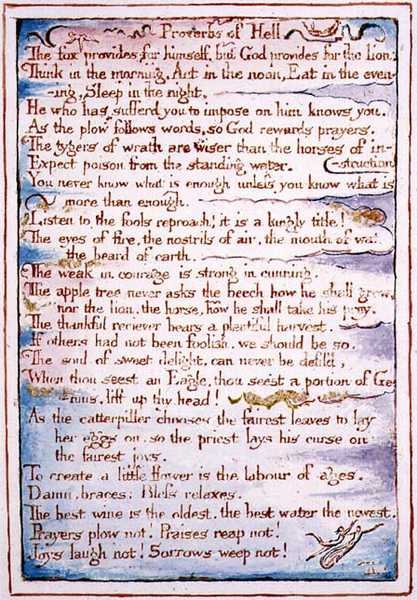 Sananlaskut helvetistä, teksti teoksesta "Taivaan ja helvetin avioliitto", n. 1790-3 (reliefipainatus, viimeistelty kynällä ja vesiväreillä). tekijältä William Blake