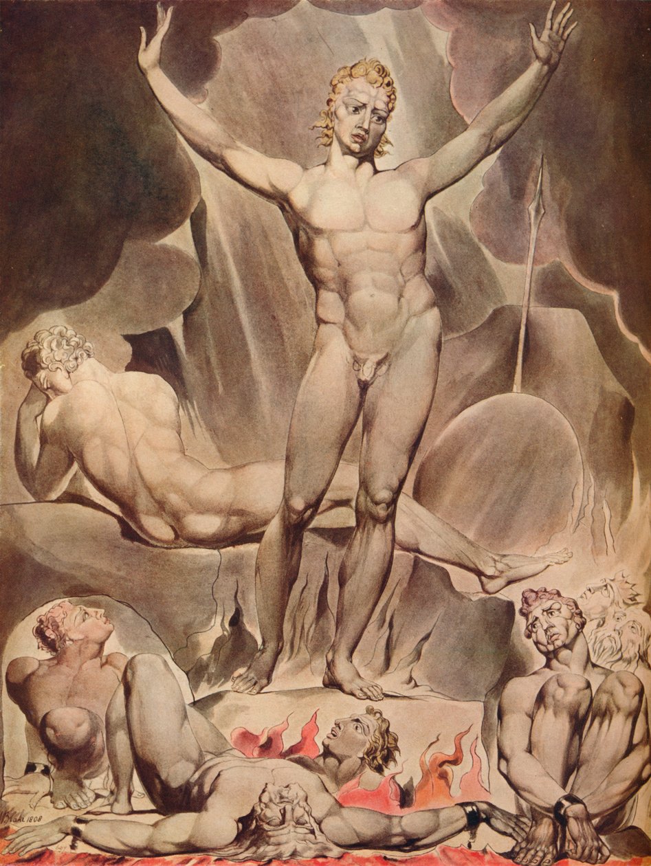 Saatana herättää kapinallisten enkelit, 1808 tekijältä William Blake