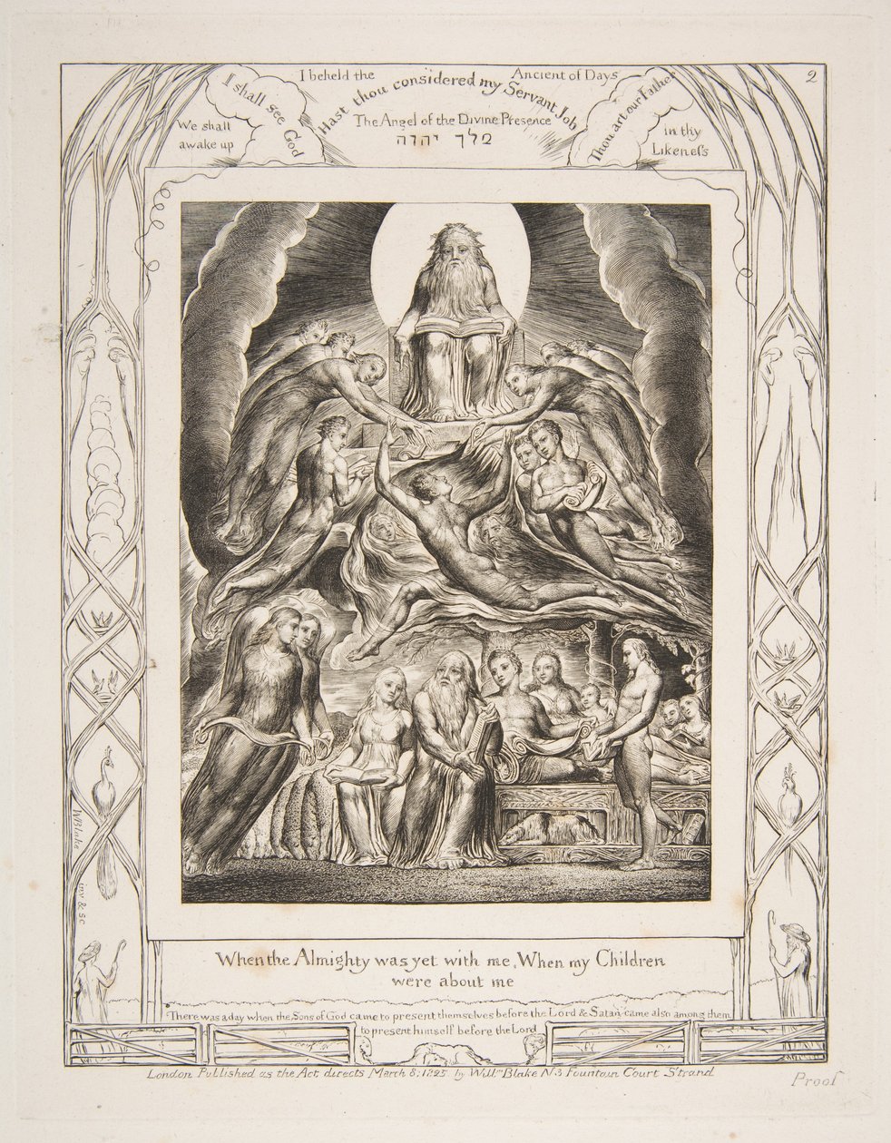 Saatana Jumalan valtaistuimen edessä, Jobin kirjan kuvituksista, 1825-26. tekijältä William Blake