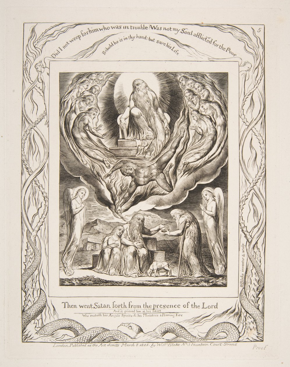 Saatana lähtee Herran läsnäolosta, Jobin kirjan kuvituksista, 1825-26. tekijältä William Blake