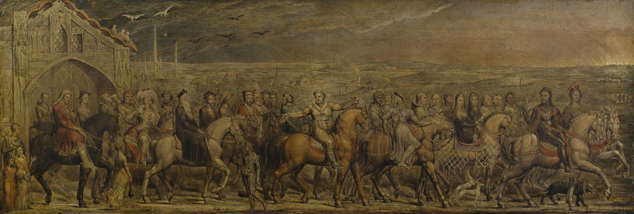 Sir Jeffrey Chaucer (n. 1342-1400) ja yhdeksän kaksikymmentä pyhiinvaeltajaa matkallaan Canterburyyn (tempera kankaalle) tekijältä William Blake
