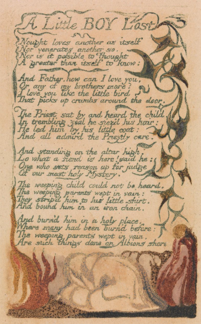 Songs of Innocence and of Experience, levy 43, "A Little Boy Lost" (Bentley 50) tekijältä William Blake