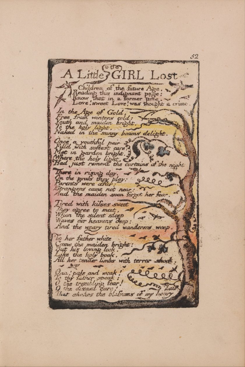 Songs of Innocence and of Experience, levy 52, pieni tyttö kadonnut (Bentley 51) tekijältä William Blake