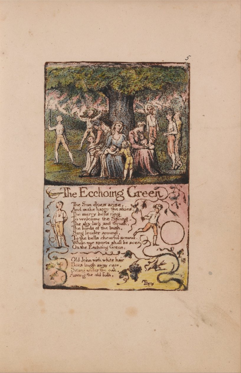 Viattomuuden ja kokemuksen lauluja, levy 5, The Ecchoing Green (Bentley 6) tekijältä William Blake