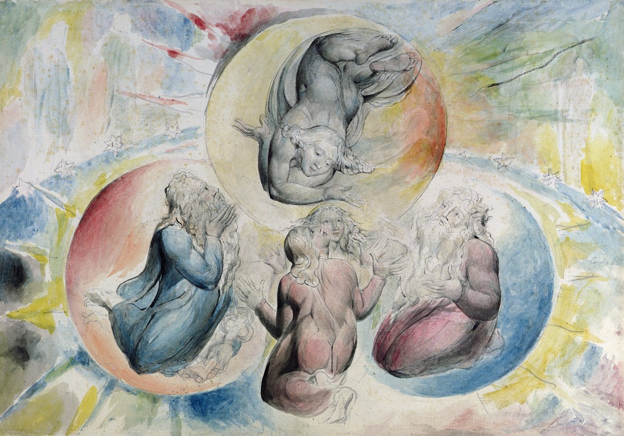 Pyhä Pietari, Pyhä Jaakob, Dante ja Beatrice sekä Pyhä Johannes Myös Dante Alighierin "Jumalaisesta komediasta" 1824-27 (tussi, tussi ja akvarelli lyijykynällä paperille). tekijältä William Blake