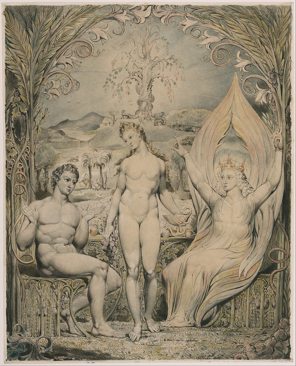 Arkkienkeli Rafaeli Aatamin ja Eevan seurassa (kuvitus Miltonin teokseen ”Paradise Lost”) tekijältä William Blake