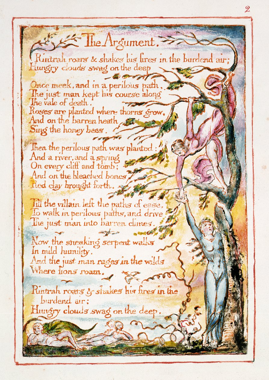 Argumentti, kuvitus ja teksti teoksesta "Taivaan ja helvetin avioliitto", n. 1790-3 (reliefietsaus viimeistelty kynällä ja wc:llä) tekijältä William Blake