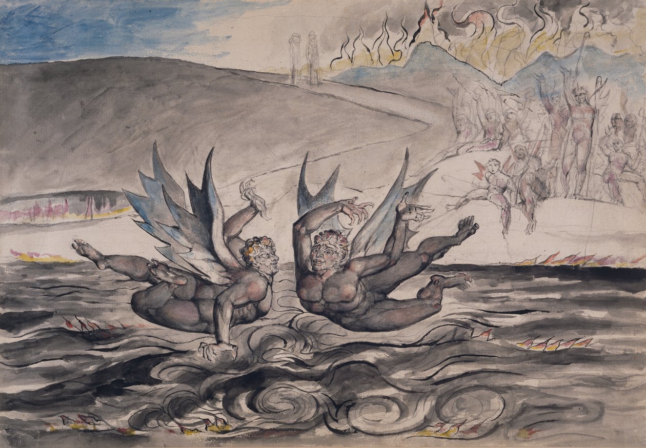 Hämmentyneet paholaiset taistelut, kuvitus Dante Alighierin jumalallisen komedian "Infernosta" tekijältä William Blake