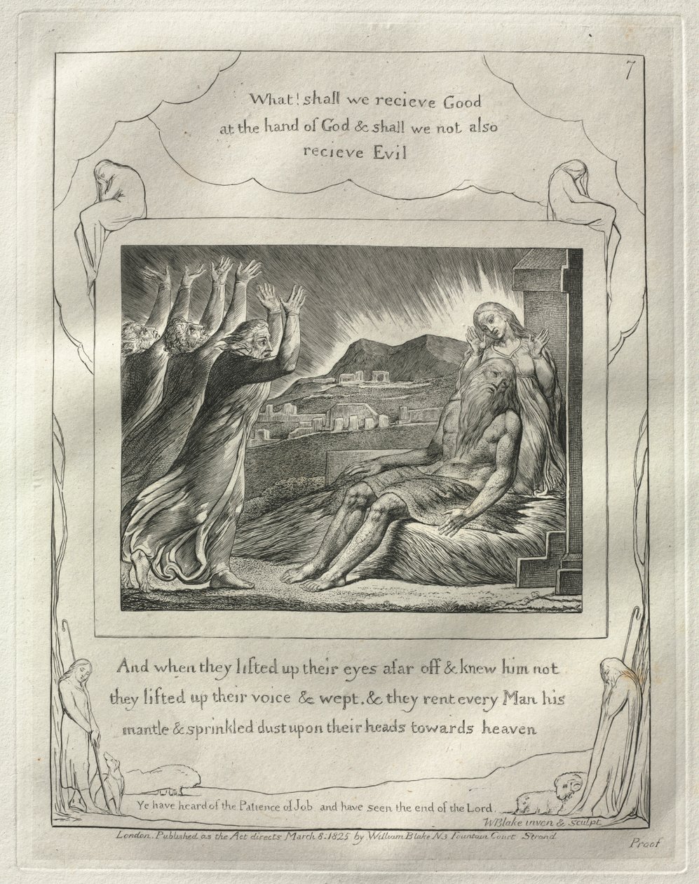 Jobin kirja: nro 7, ja kun he olivat nostaneet katseensa kauas eivätkä tunteneet häntä..., 1825. tekijältä William Blake