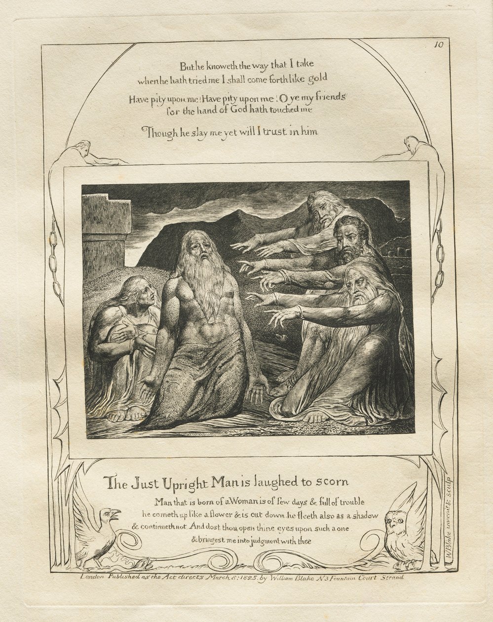 Jobin kirja: Pl. 10, Just Upright Mana nauretaan pilkatuksi, 1825. tekijältä William Blake