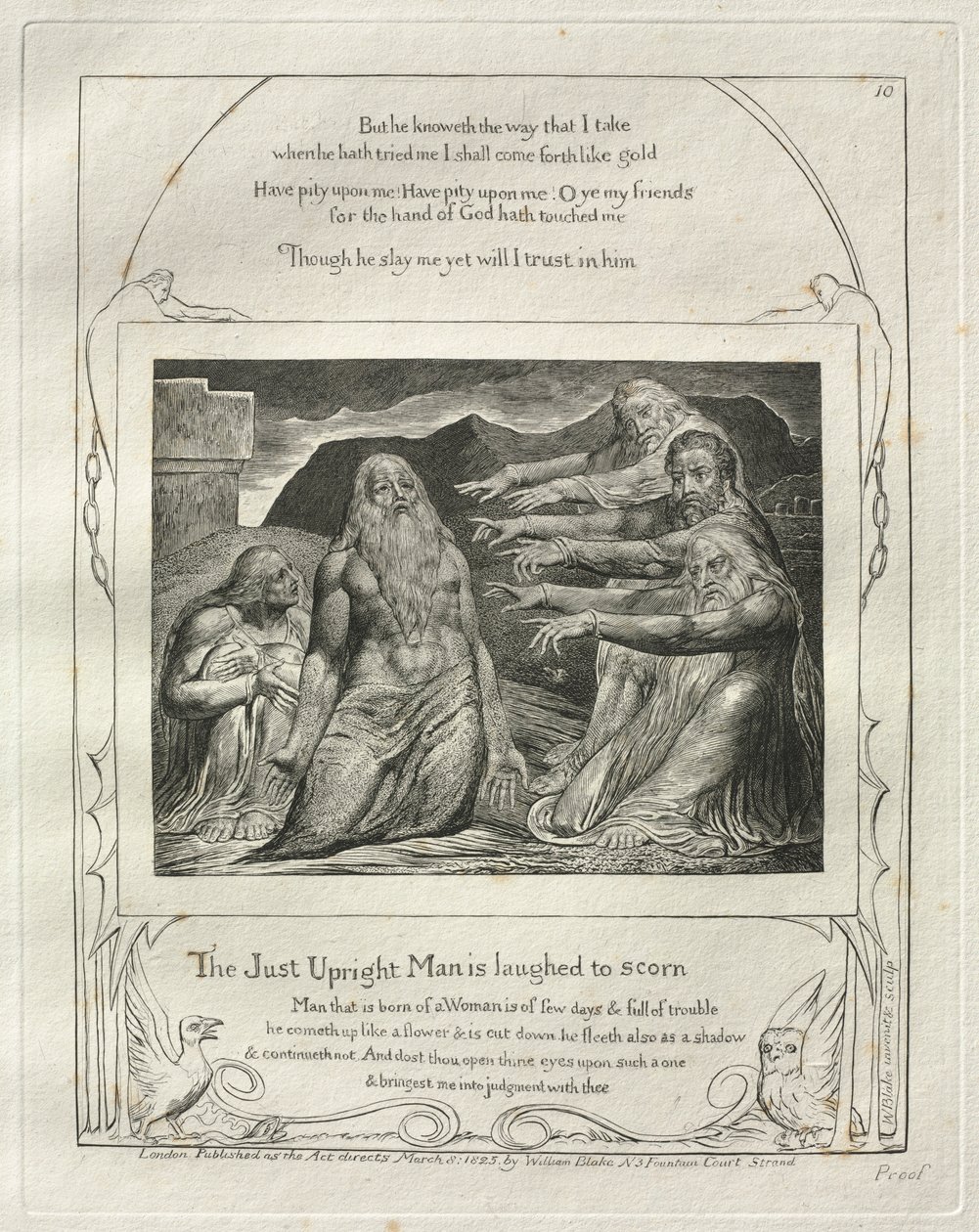 Jobin kirja: Pl. 10, Just Upright Mana nauretaan ivallisesti, 1825. tekijältä William Blake