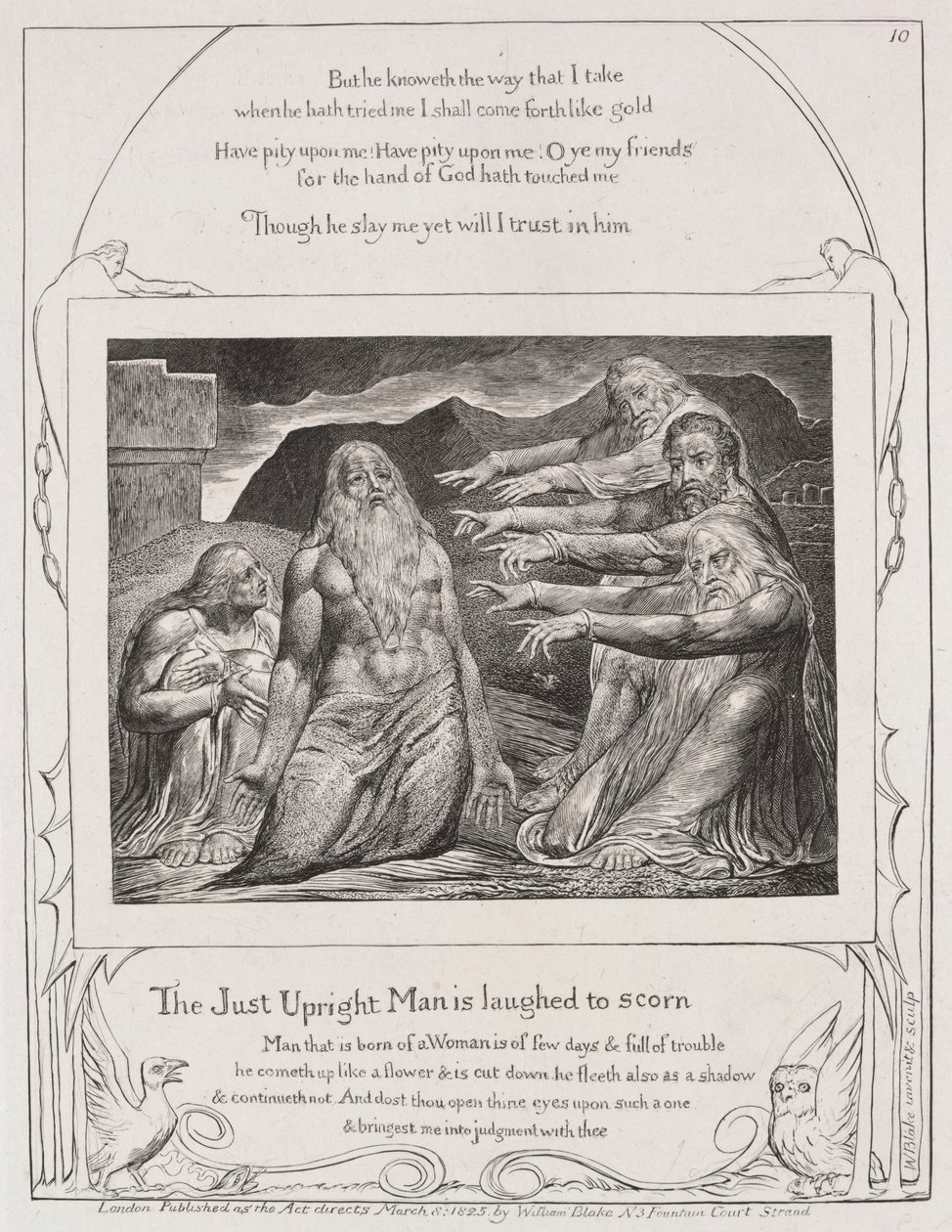 Jobin kirja: Pl. 10, Vanhurskasta miestä nauretaan ivallisesti, 1825. tekijältä William Blake