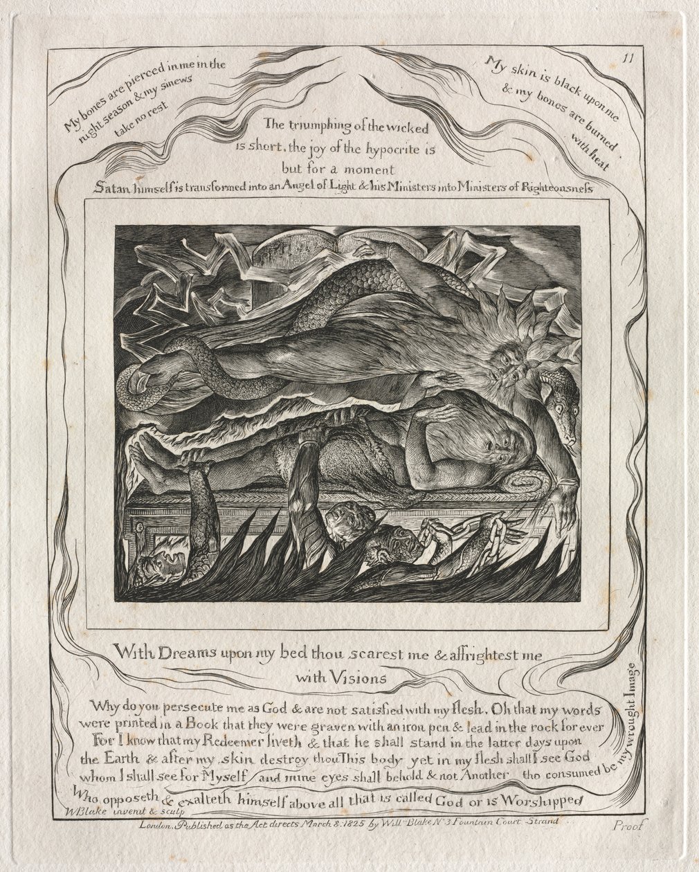 Jobin kirja: Pl. 11, Unelmilla sängylläni sinä pelotat minua ja pelotat minua..., 1825. tekijältä William Blake