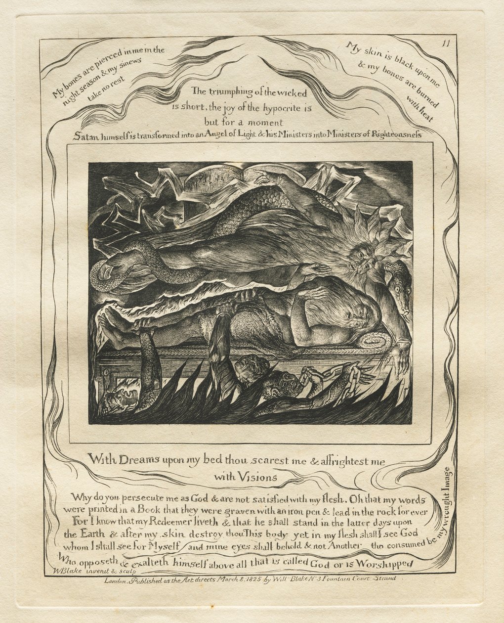 Jobin kirja: Pl. 11, Unelmilla sängylläni sinä pelotat minua ja pelotat minua..., 1825. tekijältä William Blake