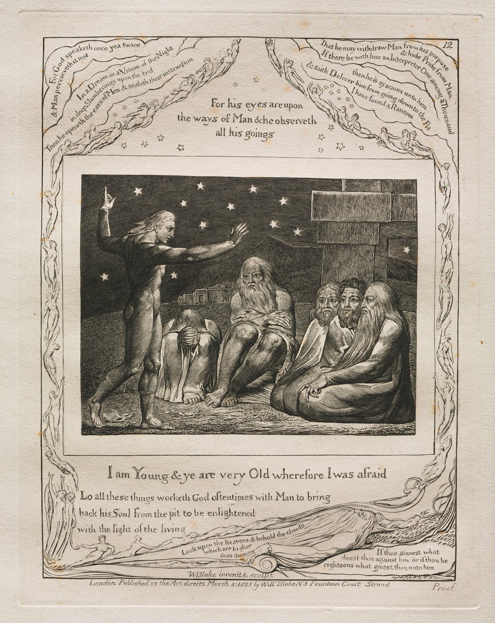 Jobin kirja: Pl. 12, Minä olen nuori ja te olette hyvin vanhoja, minkä vuoksi minä pelkäsin, 1825. tekijältä William Blake
