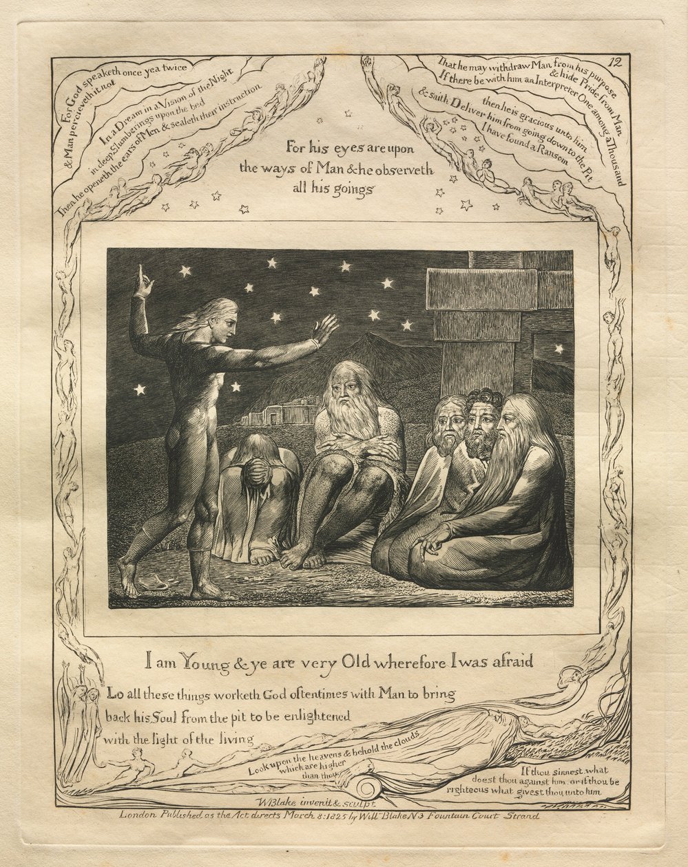 Jobin kirja: Pl. 12, Minä olen nuori ja te olette hyvin vanhoja, minkä vuoksi minä pelkäsin, 1825. tekijältä William Blake